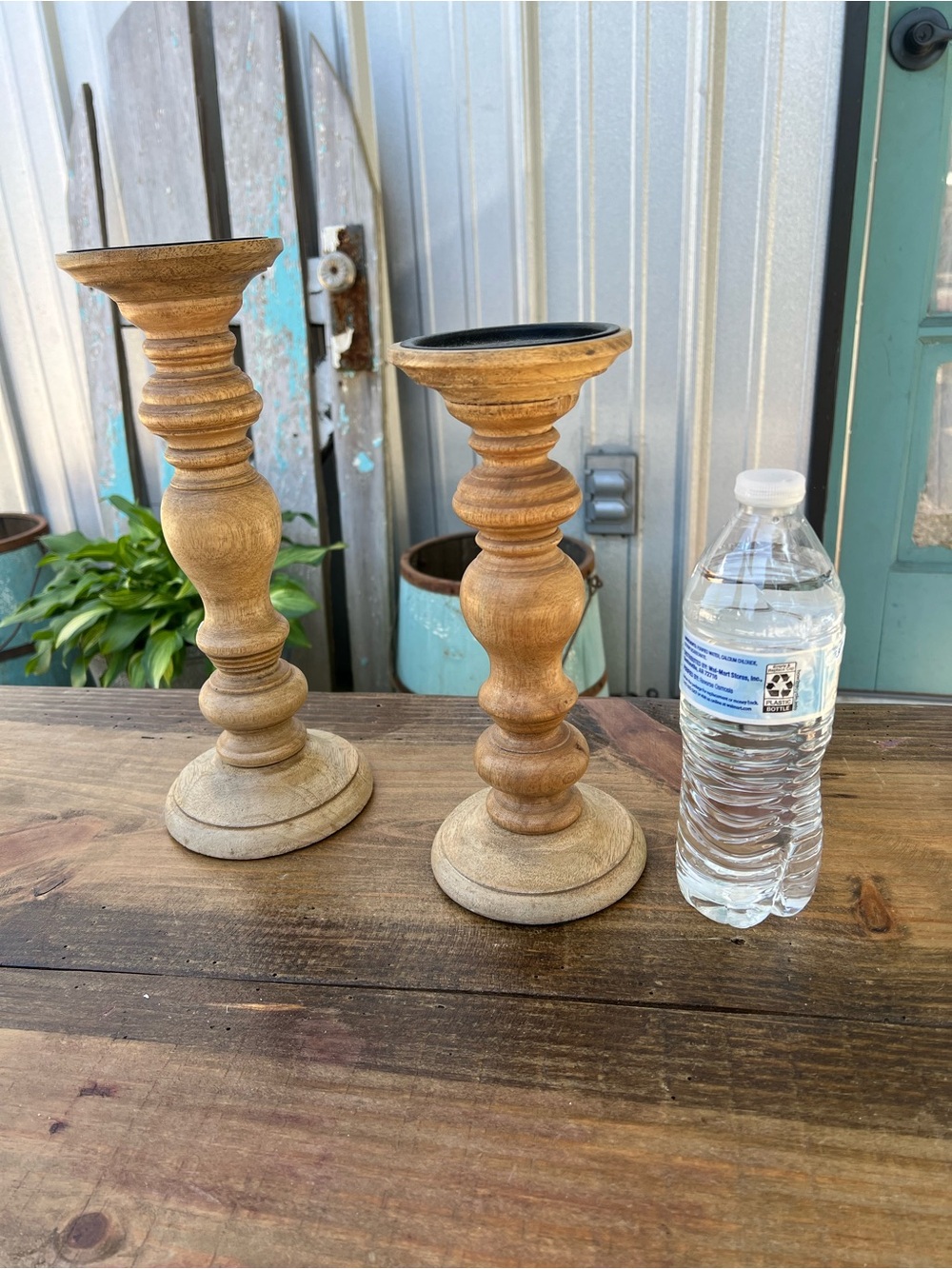 Natural Wood Turned Candle Holders (Pair)